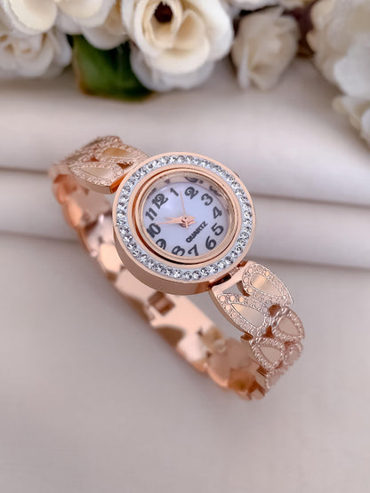 Elegant Rose Gold Women's Watch – Round Diamond Dial | Brass Bracelet | Free Size | Luxury Timepiece