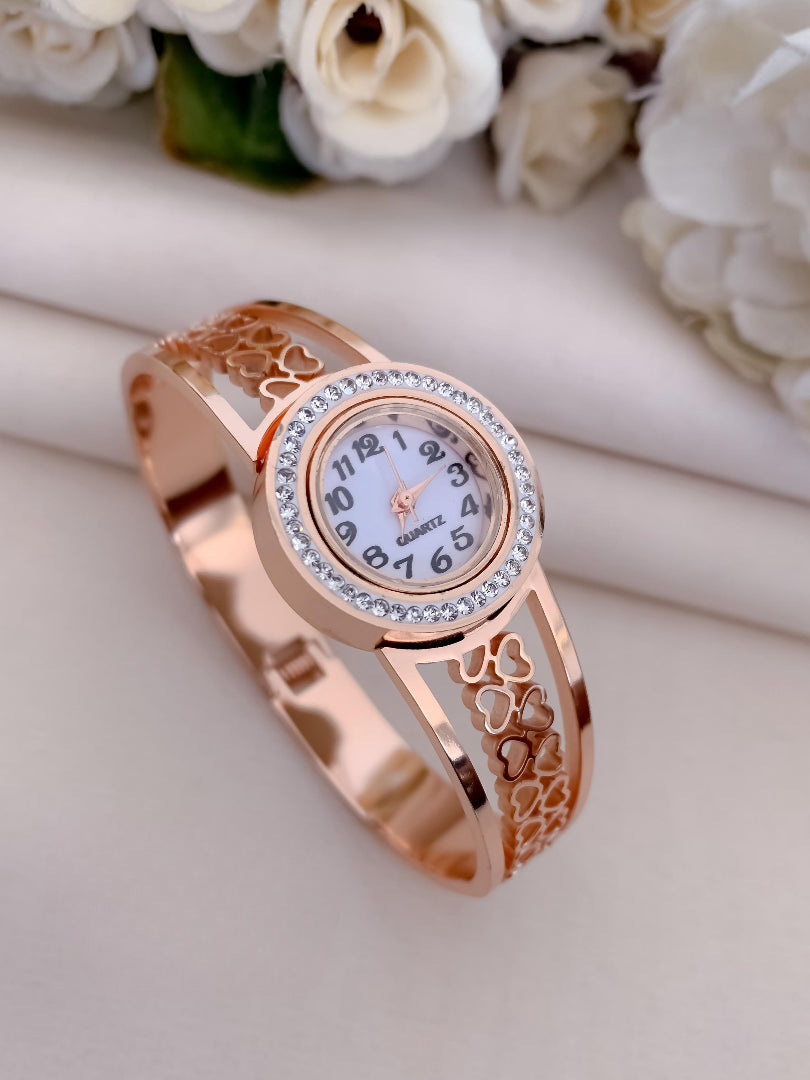 Elegant Rose Gold Women's Watch – Round Diamond Dial | Brass Bracelet | Free Size | Luxury Timepiece