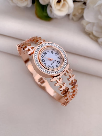 Elegant Rose Gold Women's Watch – Round Diamond Dial | Brass Bracelet | Free Size | Luxury Timepiece